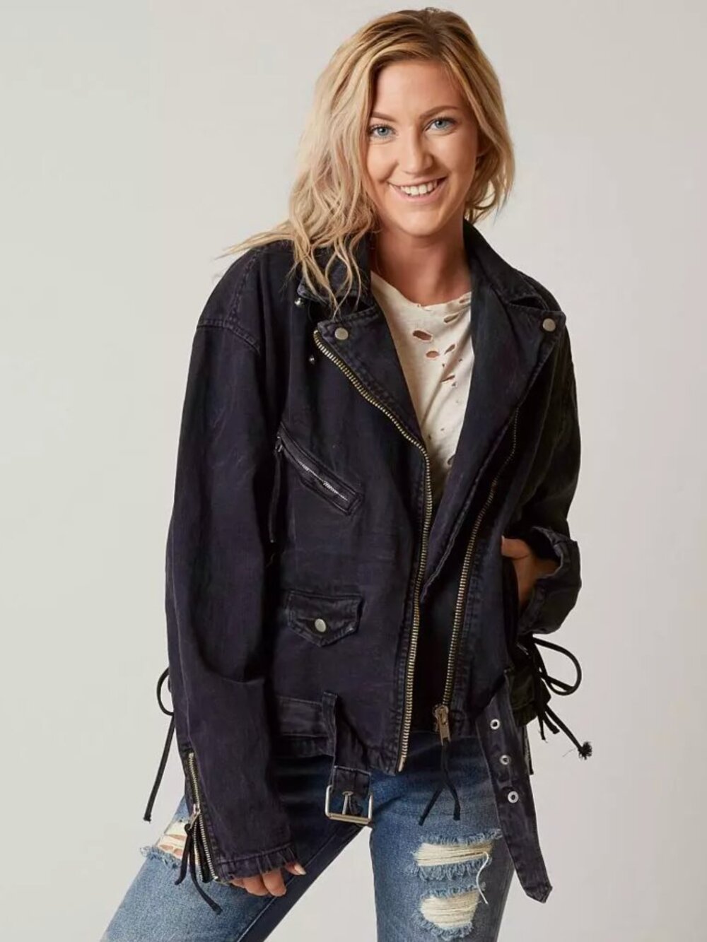Free People Washed Black Oversized Moto Jacket L | Asym Zip Utility Belted - Picture 2 of 8